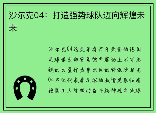 沙尔克04：打造强势球队迈向辉煌未来